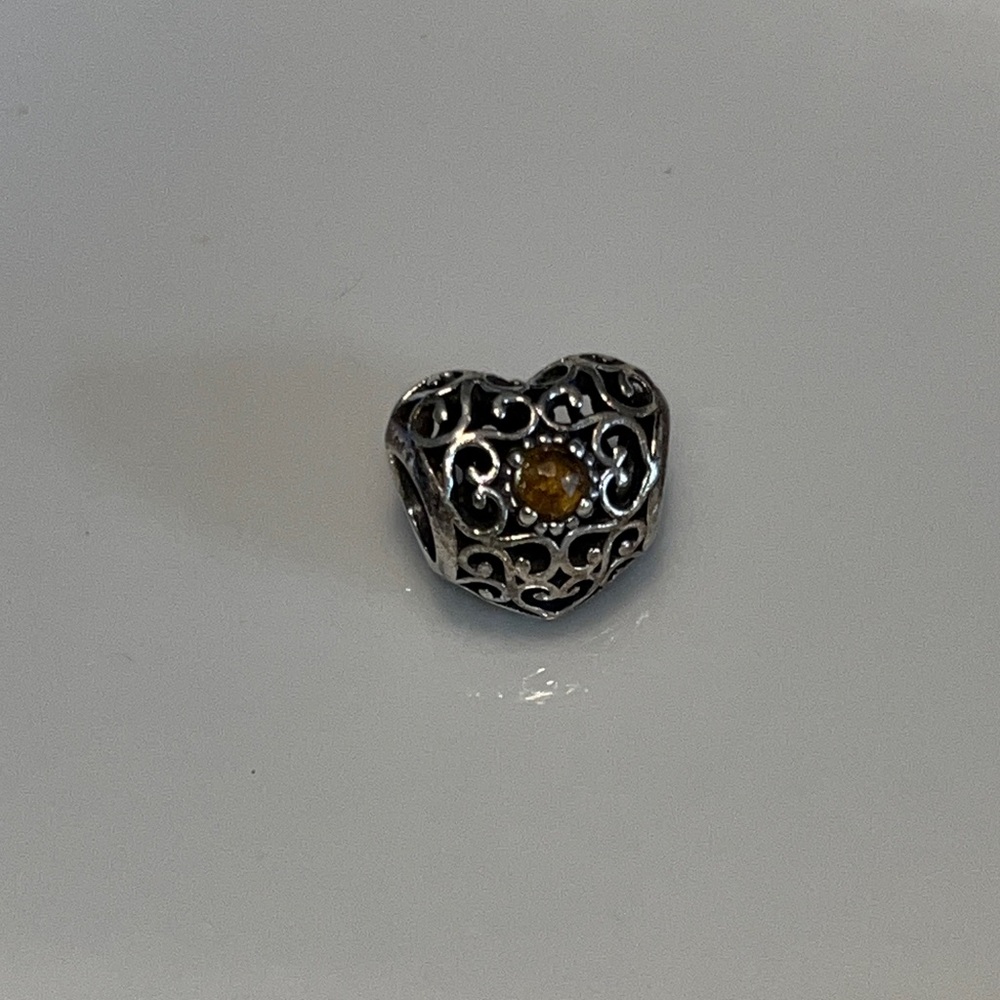 Pandora Silver Filigree Heart Charm with Amber Stone